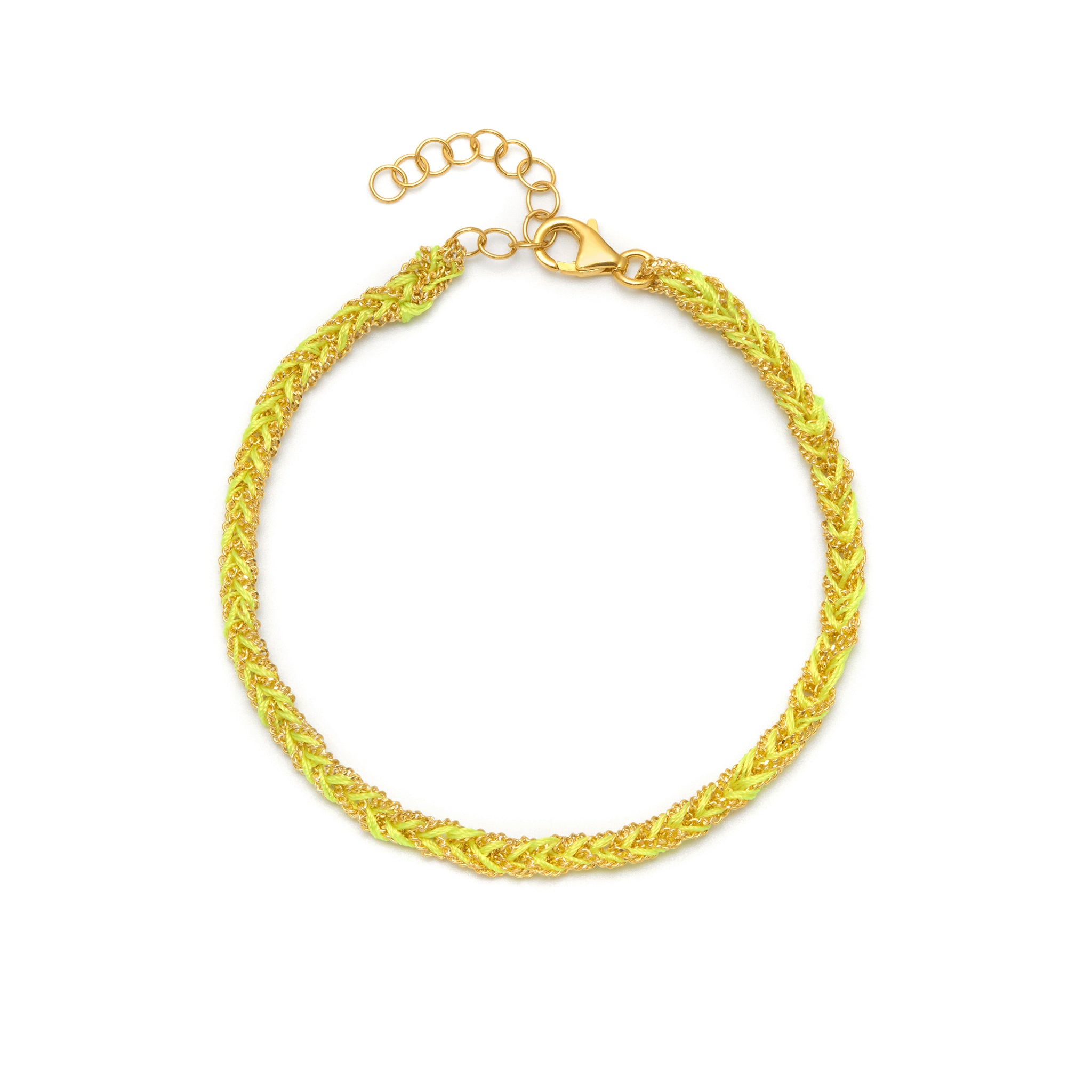 A gold and neon yellow silk thread woven friendship bracelet with an 18ct gold plated vermeil on Sterling Silver chain with lobster clasp.
