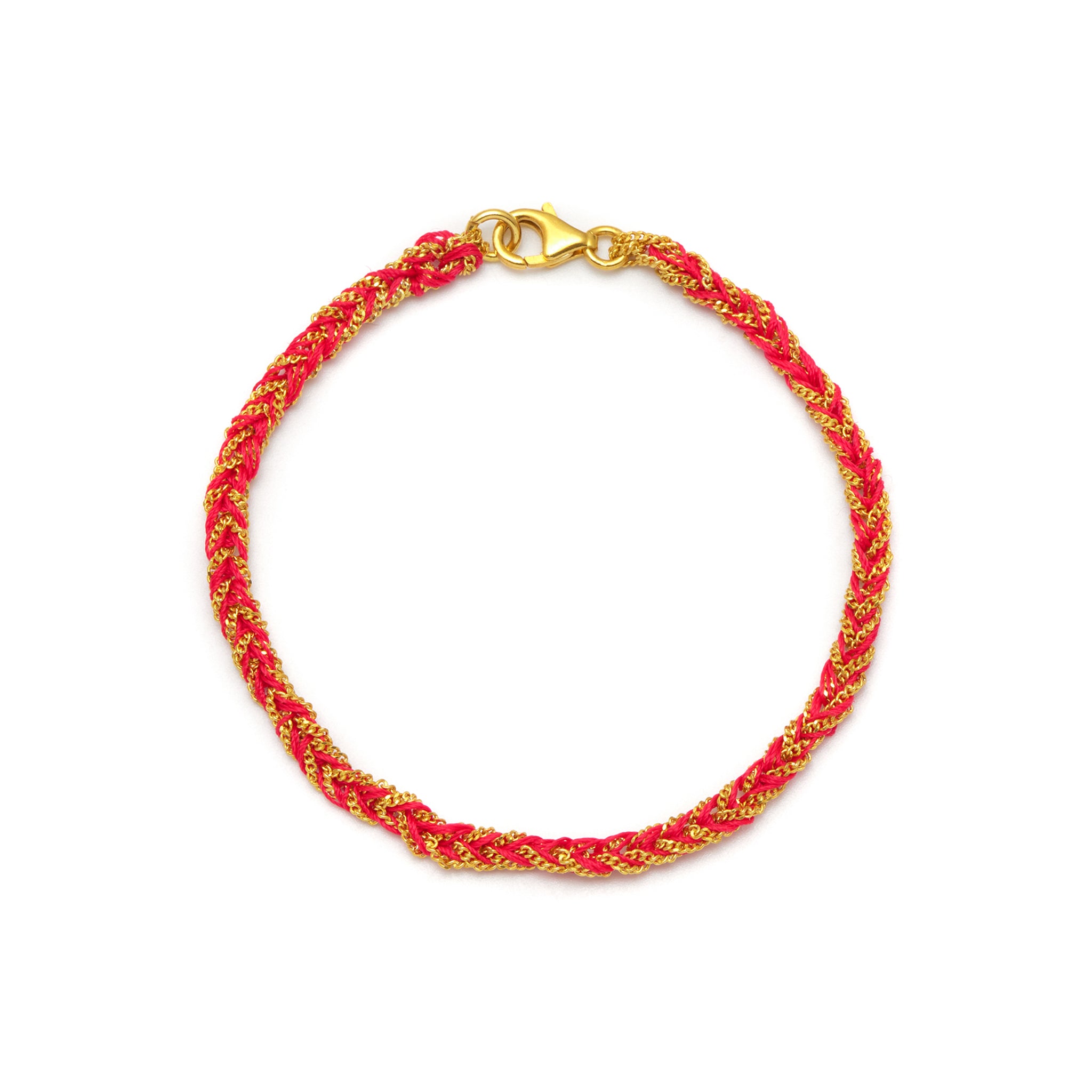 A 18ct gold vermeil chain and red silk woven friendship bracelet with a lobster clasp closure.