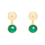 A pair of gold vermeil earrings with a central chrysoprase gemstone surrounded by smaller clear crystals, designed as drop earrings.