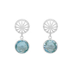 A pair of silver stud earrings with blue topaz gemstones, featuring a faceted cut.