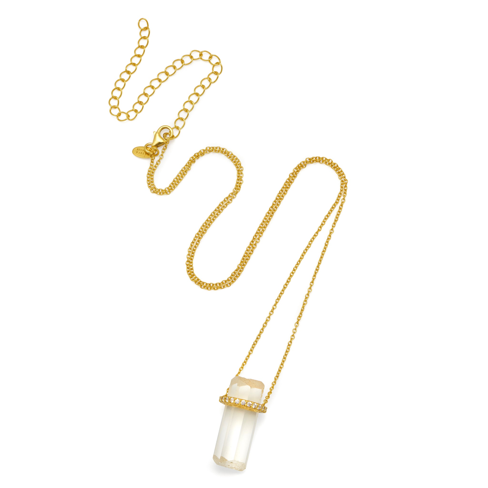 18ct gold plated vermeil chain with natural white zircon and large natural rock crystal pendant.