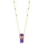 Close up of Necklace with Amethyst Crystal and Pink Topaz drop pendant