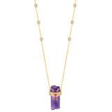 Close up of Necklace with Amethyst Crystal and Pink Topaz drop pendant