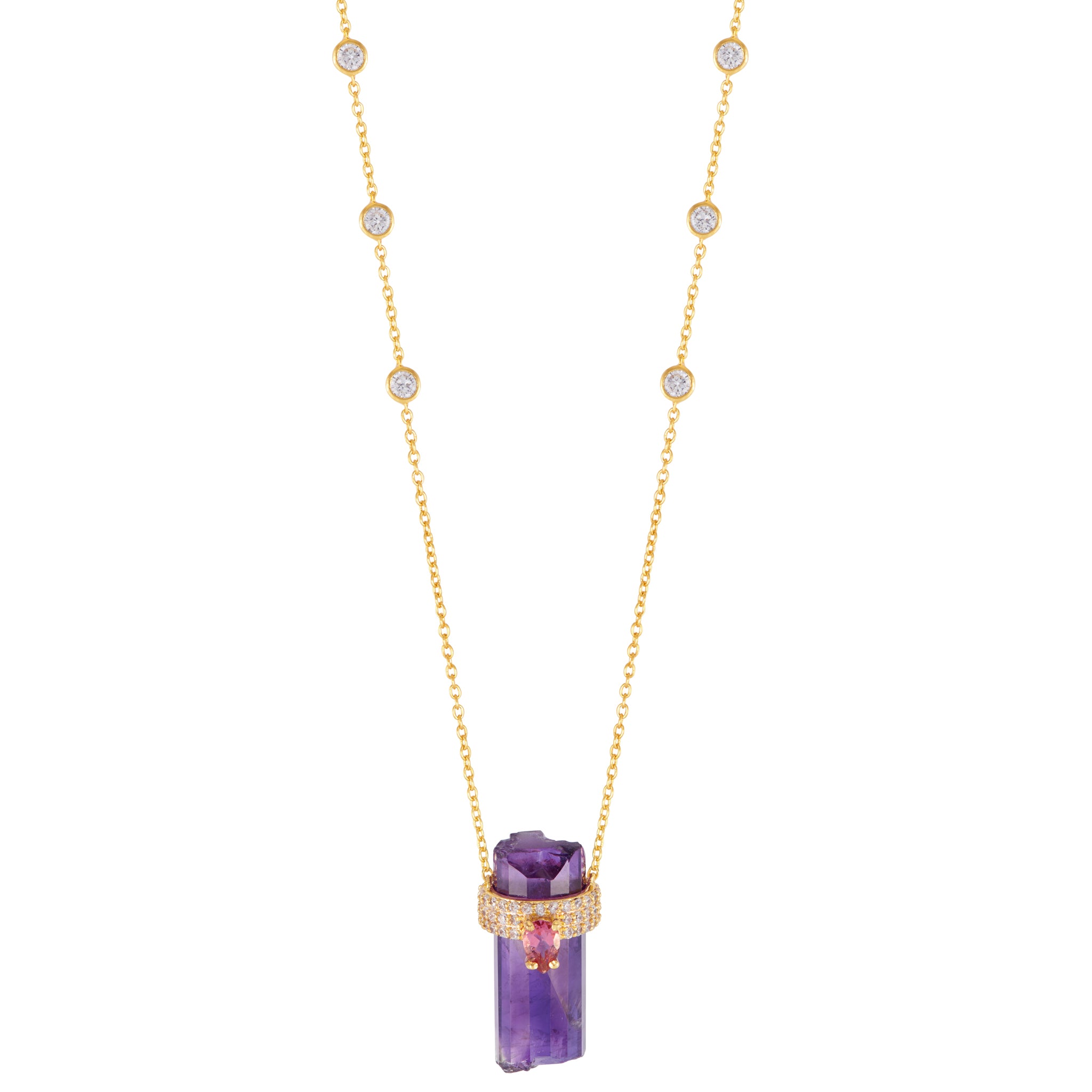 Close up of Necklace with Amethyst Crystal and Pink Topaz drop pendant