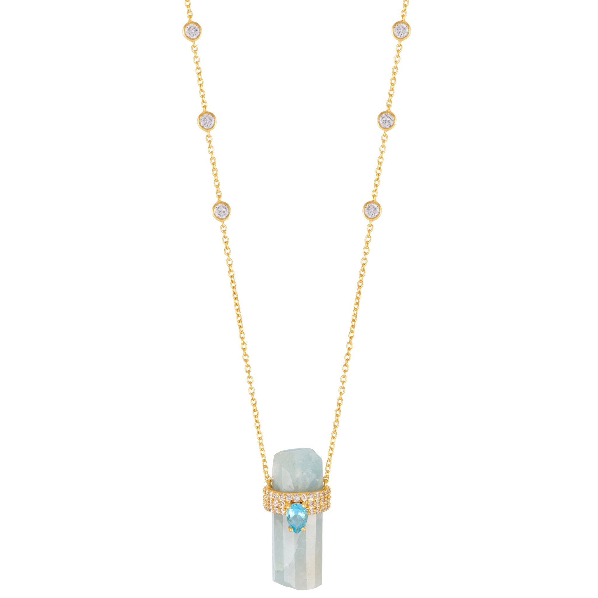 ASSYA Aquamarine Crystal Pendant necklace with blue topaz on white background. 