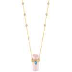 ASSYA Astra Rose Quartz and Blue topaz crystal necklace on white background - close up
