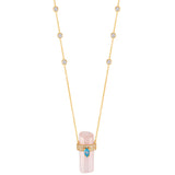 ASSYA Astra Rose Quartz and Blue topaz crystal necklace on white background - close up