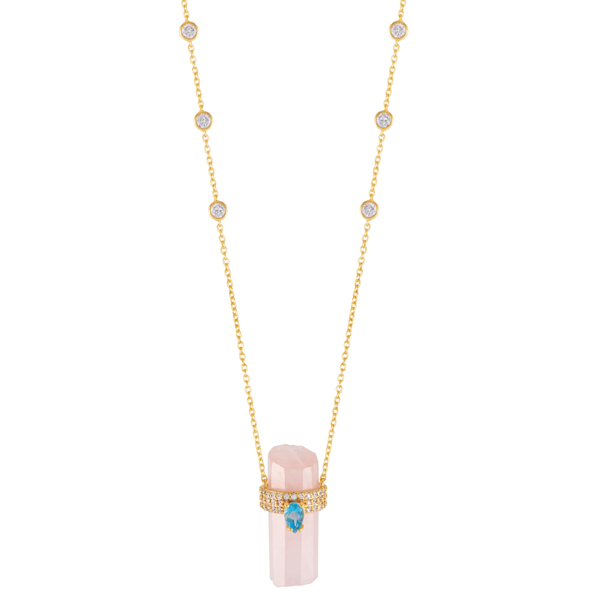 ASSYA Astra Rose Quartz and Blue topaz crystal necklace on white background - close up