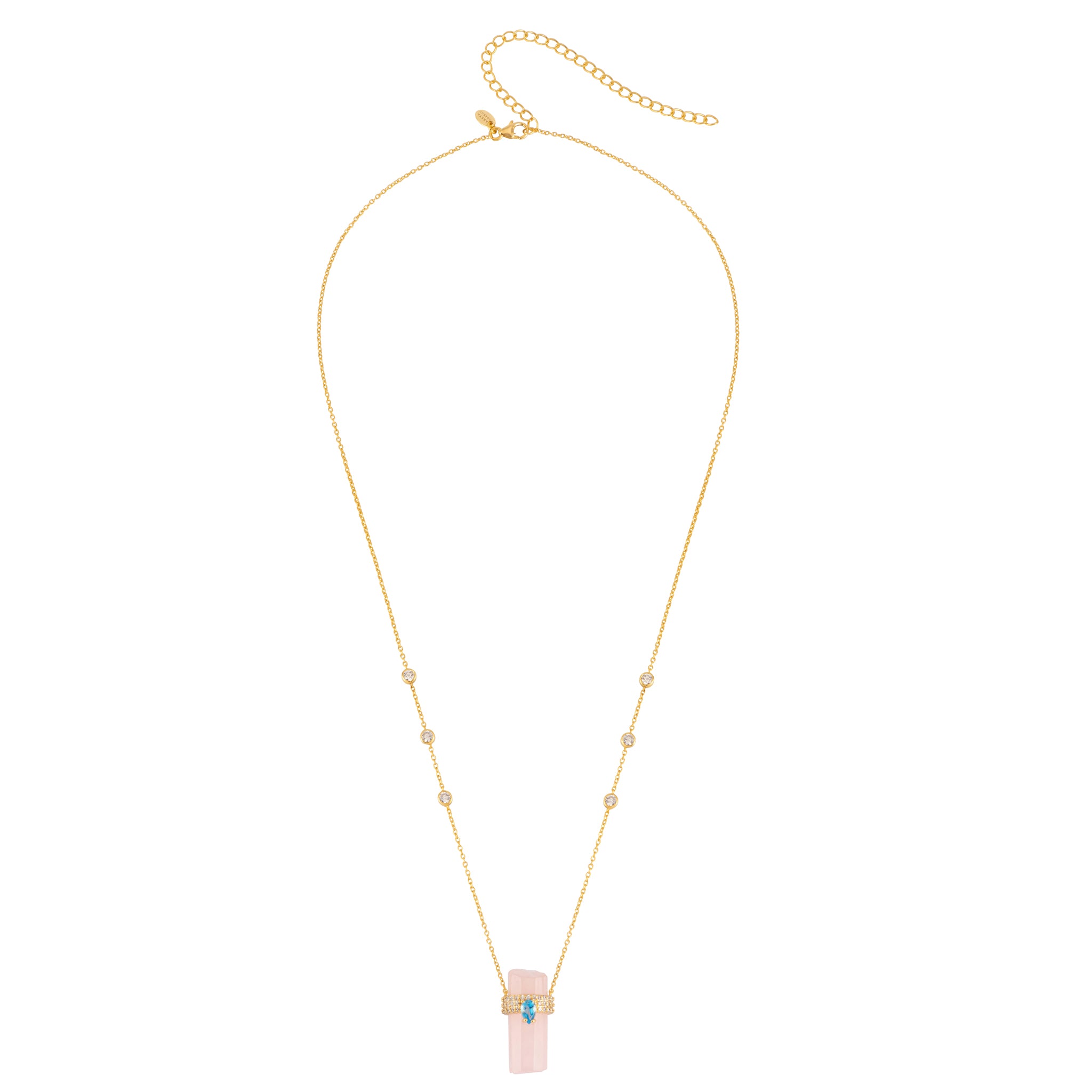 ASSYA Astra Rose Quartz and Blue topaz crystal necklace on white background 