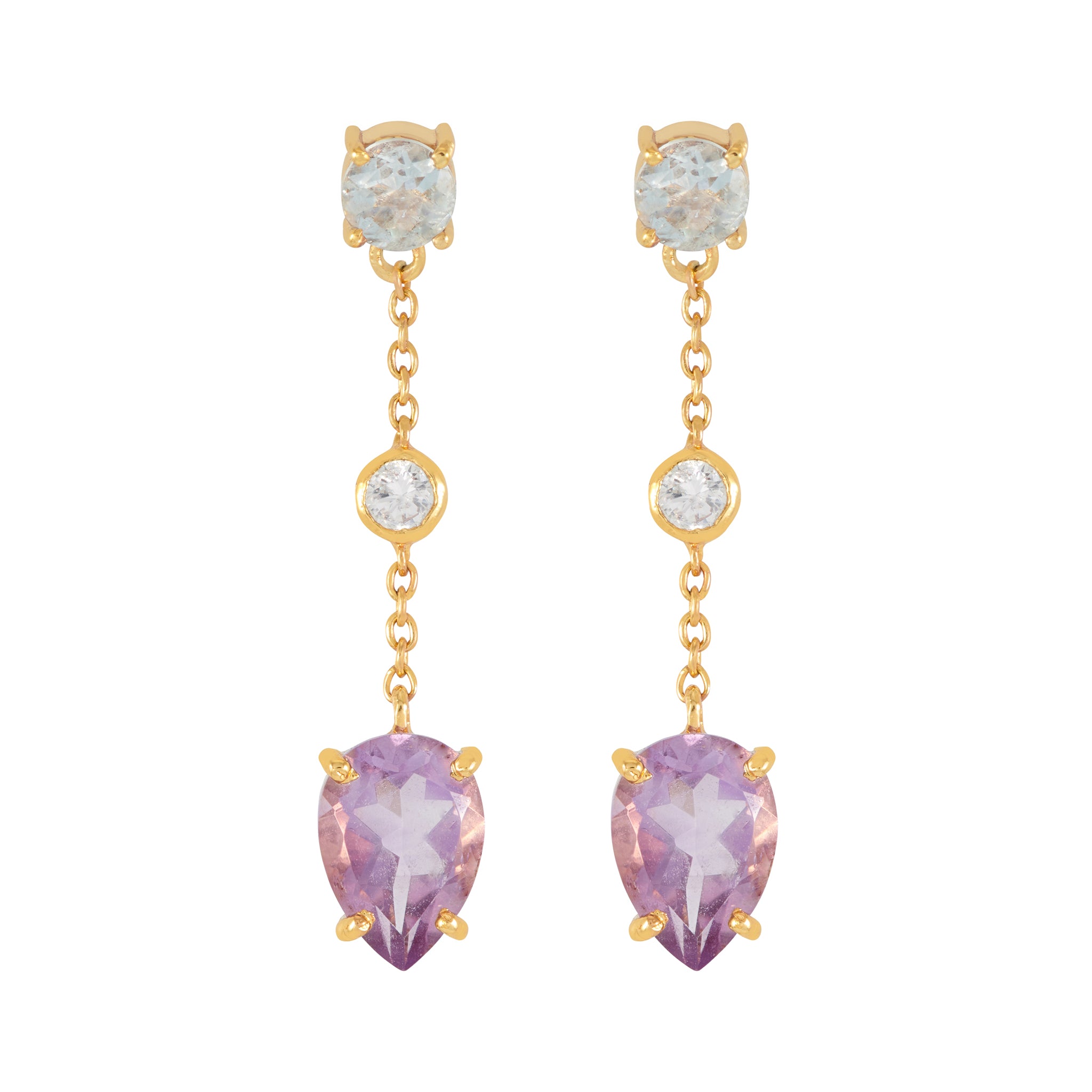 Amethyst and aquamarine gold drop earrings in 18ct gold vermeil by Assya London.