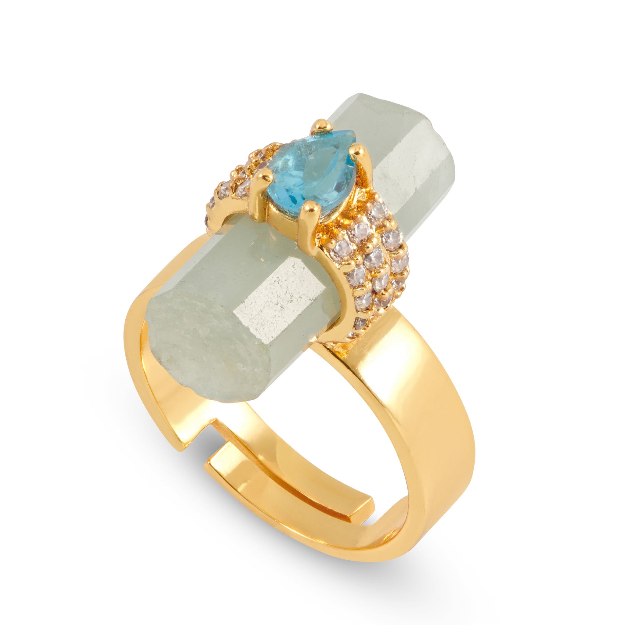 Assya London Astra Aquamarine crystal ring with blue topaz