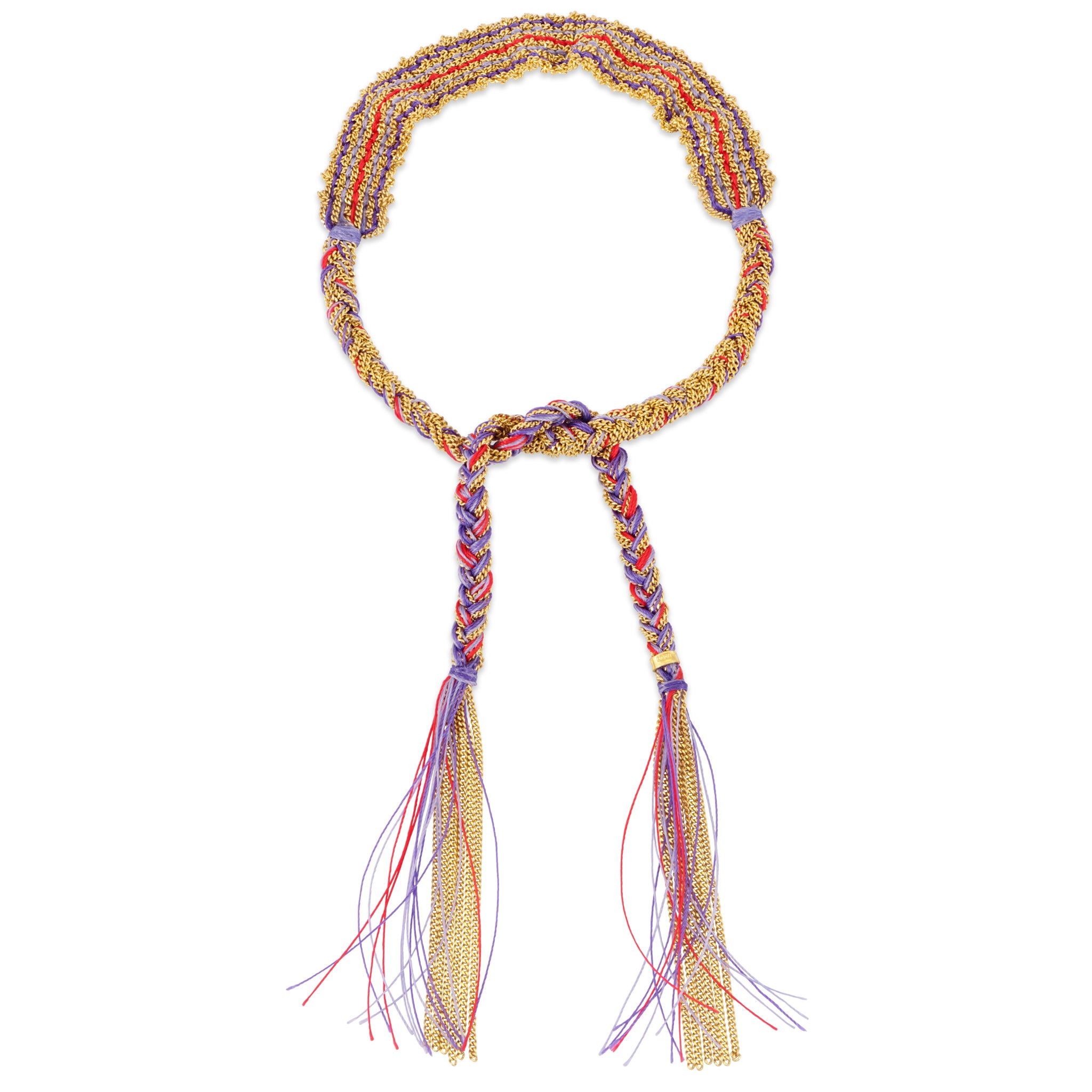 Ibiza Woven tie bracelet with tassels in purple & red silk
