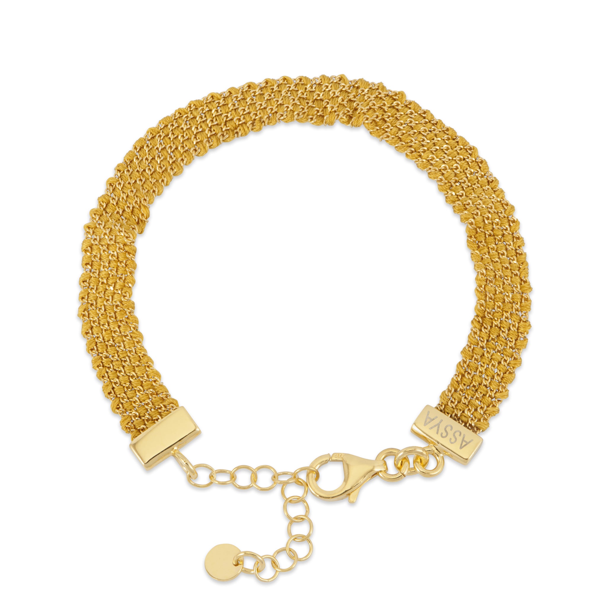 Gold woven friendshio bracelet with a clasp on a white background