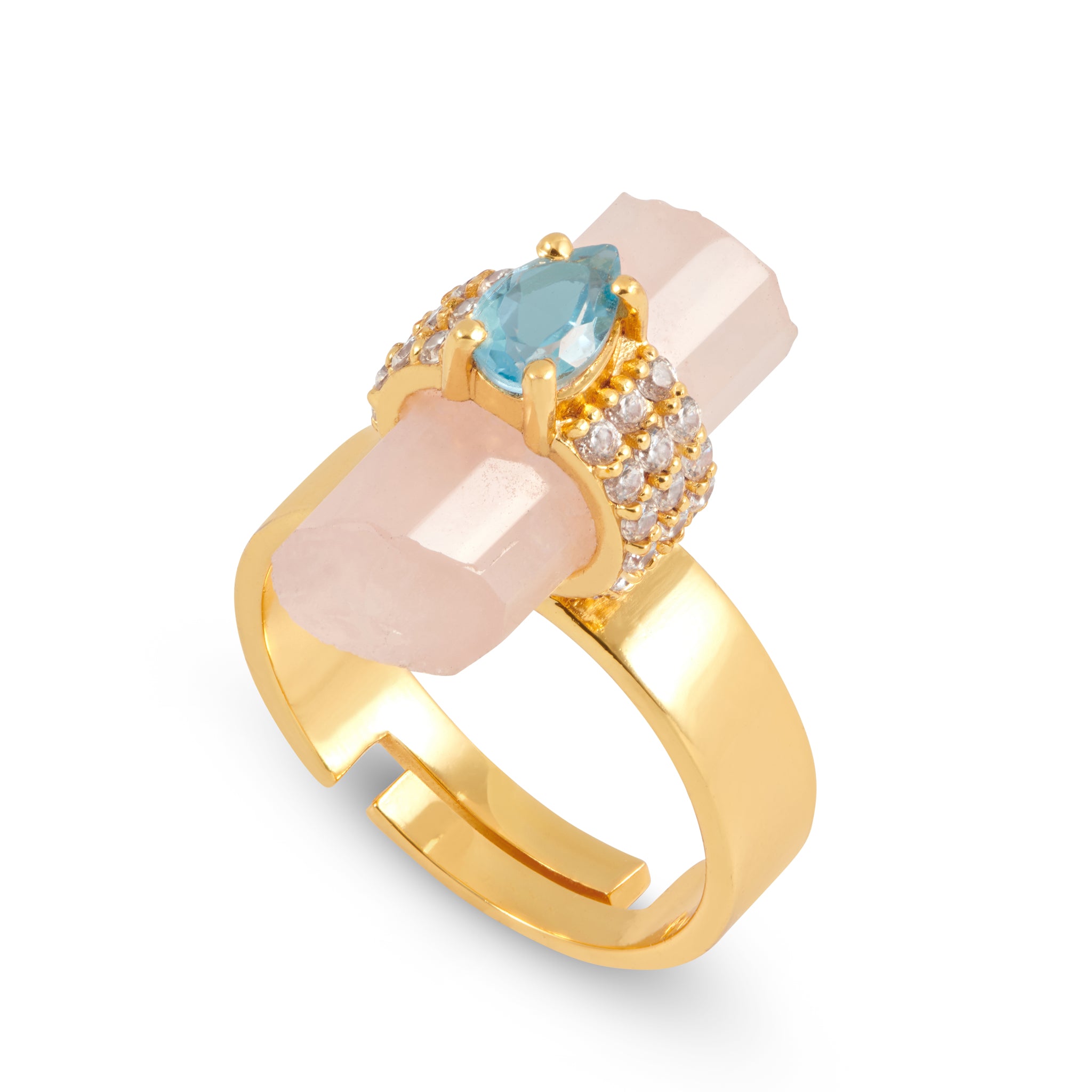Assya London astra rose quartz crystal ring with blue topaz