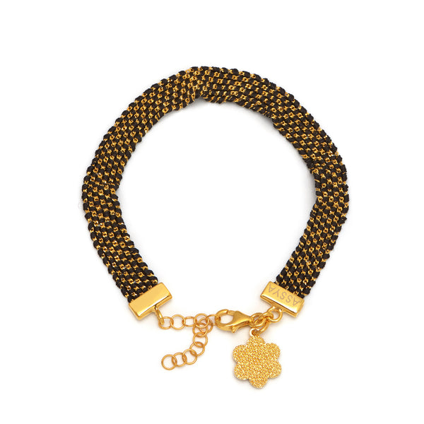 Gold and Black Silk Weaved Charm Bracelet