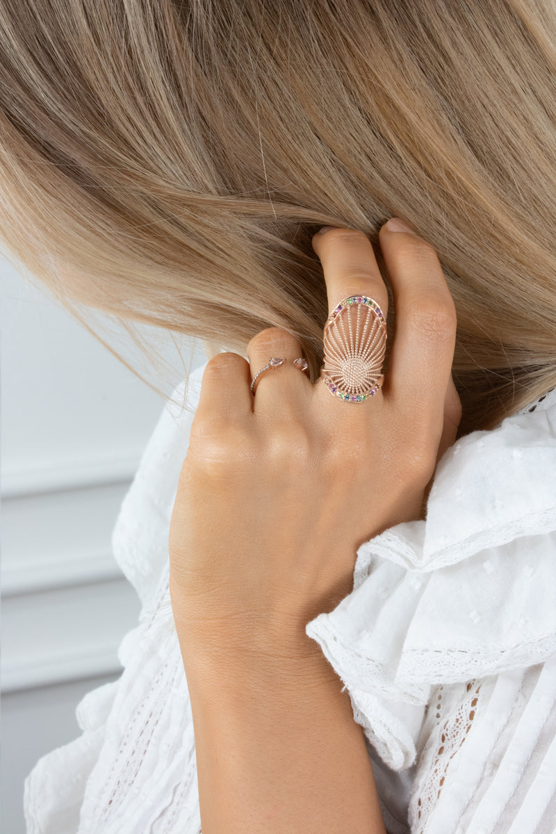 Rose Gold & Multicolour Oriental Long Ring