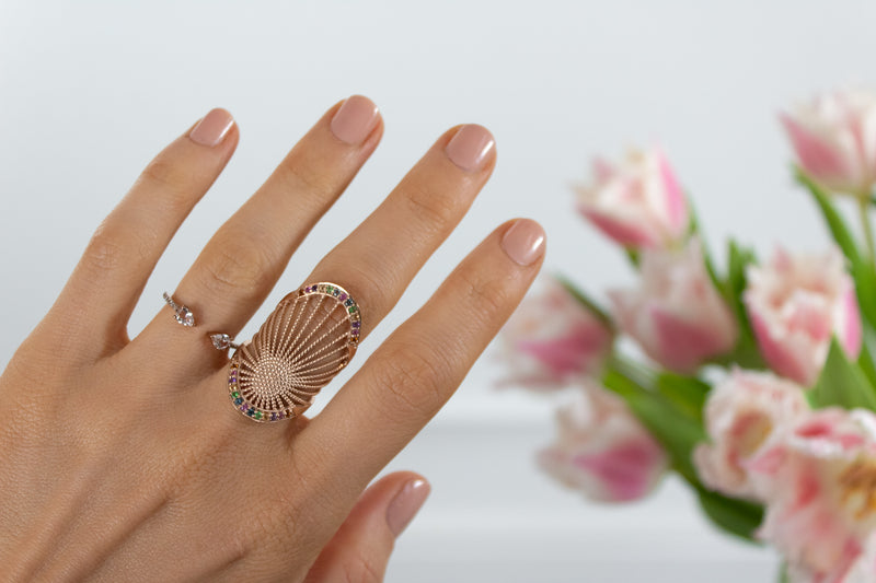 Rose Gold & Multicolour Oriental Long Ring