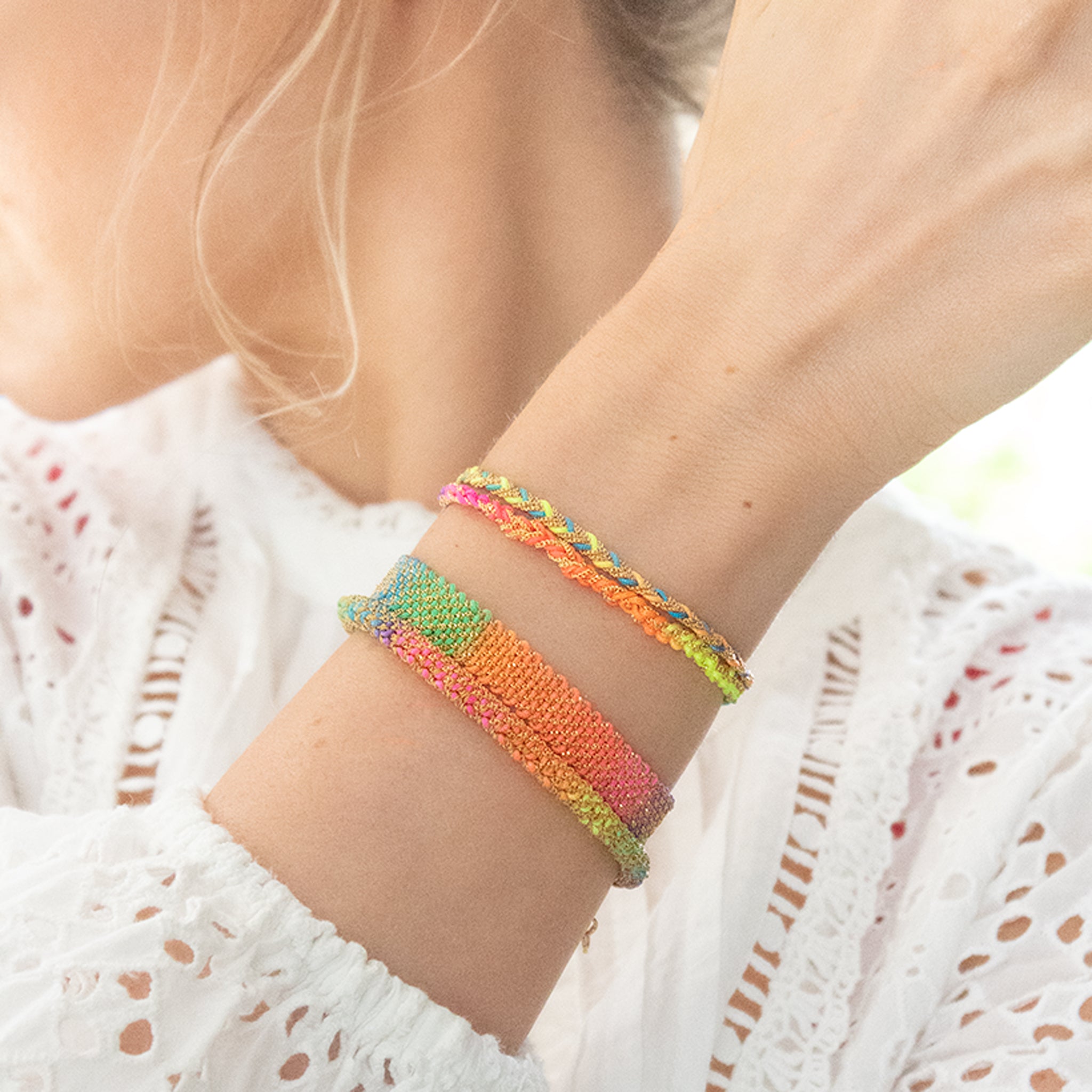 ASSYA Gold and Rainbow coloured Silk Bracelet Stack
