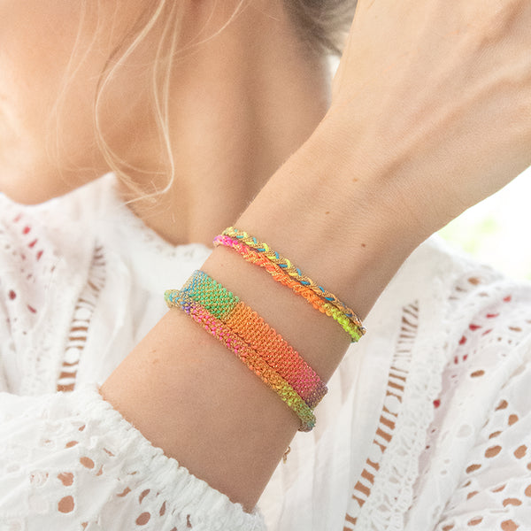 ASSYA Gold and Rainbow coloured Silk Bracelet Stack