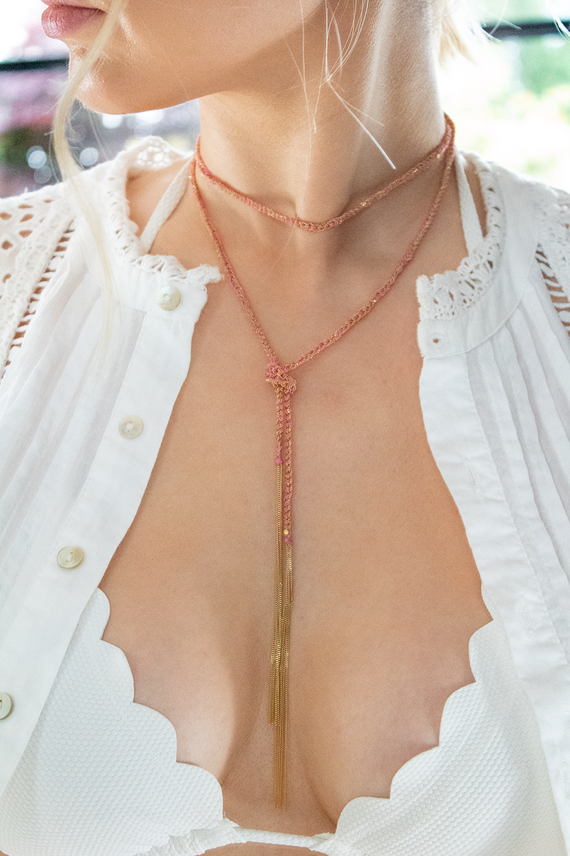Rose Gold & Pink Silk Panama Tassel Necklace