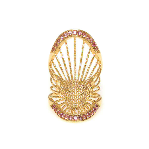 Gold & Pink Tourmaline Oriental Long Ring