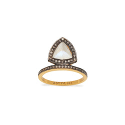 Gold, Rhodium, Grey Diamonds and Moonstone Pyramid Ring