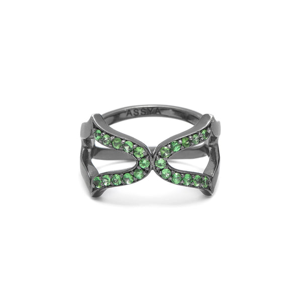 Rhodium & Green Tsavorite Oriental Cross Ring